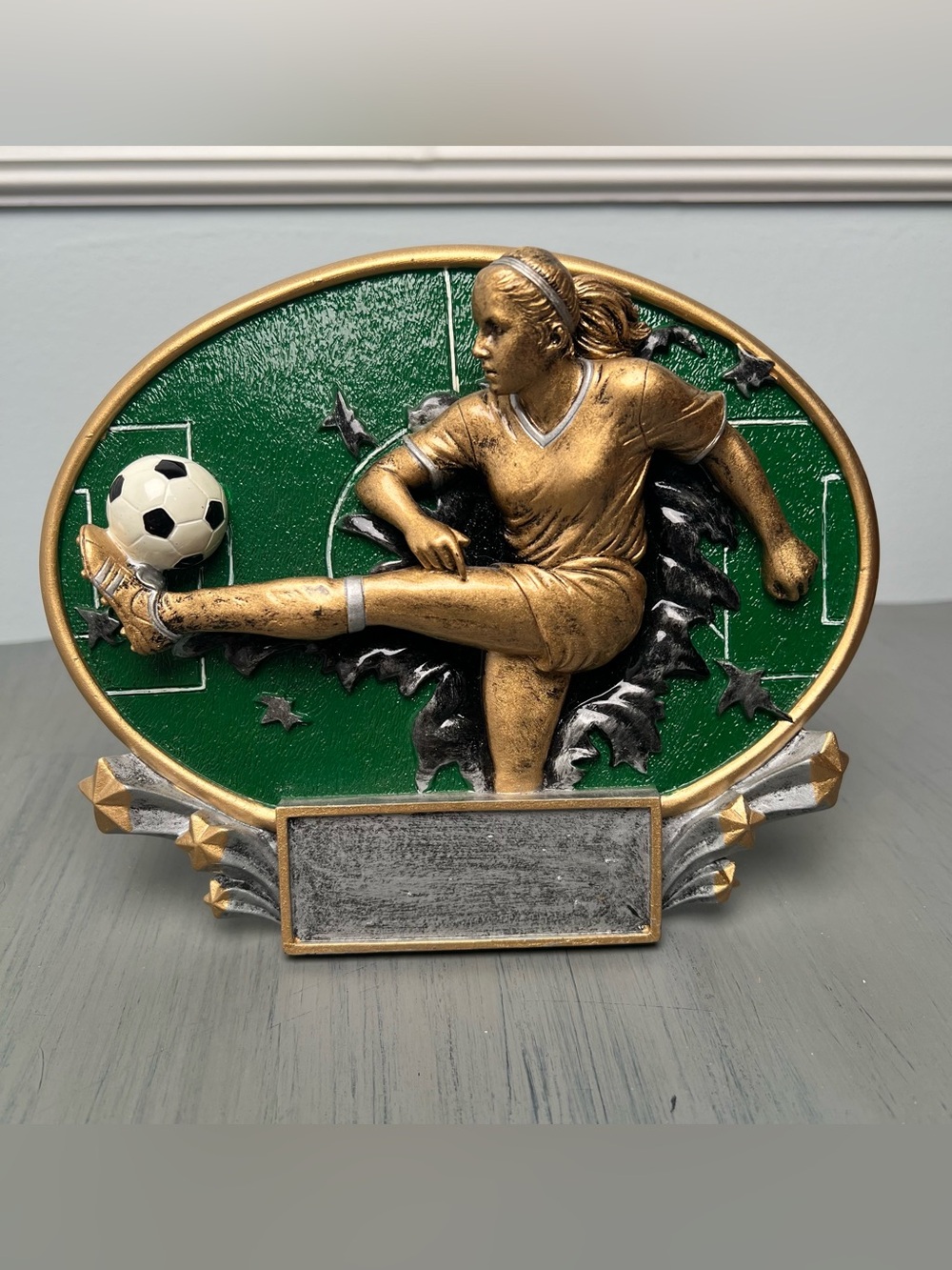 Female Soccer Player Trophy Plaque - Green & Gold. 3-D.